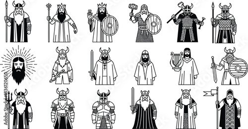 Stylized vector set of Norse mythology gods and Viking legendary figures, bearded warriors holding hammer, sword, shield, isolated monochrome illustration graphic.