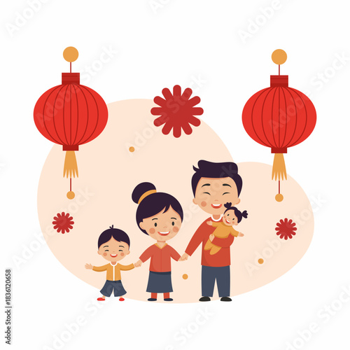 family celebrates traditional Chinese New Year. Cheerful characters celebrate national Asian holiday.