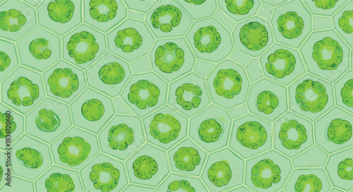 Stylized microscopic view of plant cells with distinct polygonal cell walls and visible bright green chloroplasts inside, creating a seamless biological texture background pattern for science 
