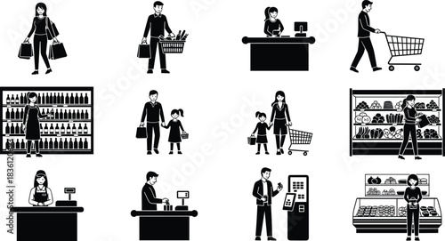 Supermarket shopping people icon set, customers and cashiers in grocery store, retail buying, checkout counter and product shelves vector illustration collection design.