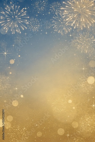 Blue and gold Abstract background and bokeh on New Year's Eve. Vertical Festive background with fireworks and sparkling elements.