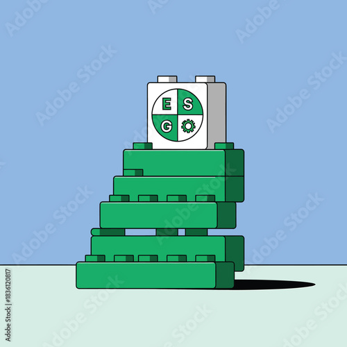 ESG concept with toy blocks green building blocks representing environmental social and governance factors isolated on blue background