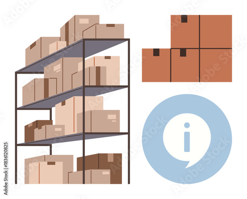 Shelves stacked with brown shipping boxes, additional boxes stacked separately, blue information icon. Ideal for logistics, inventory, supply chain, shipping, storage, e-commerce organization