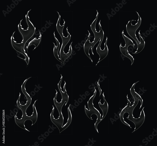 Set pack chrome metal of y2k tribal gothic sigilism tatto. Flame shape in liquid mercury. 3d illustration of abstract neo tribal cyber sigil metallic melted modern burn form, design element