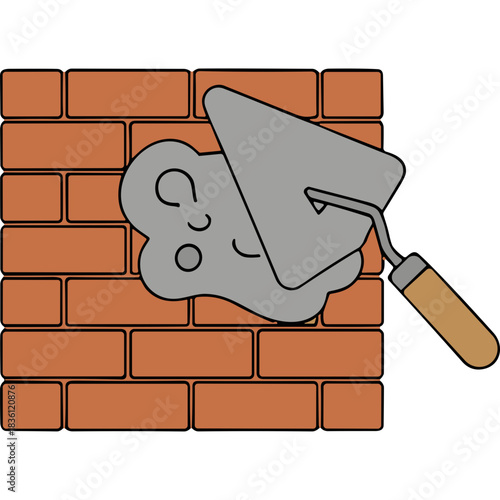 Bricklaying trowel applying mortar to an orange brick wall in a flat illustration style with a black background