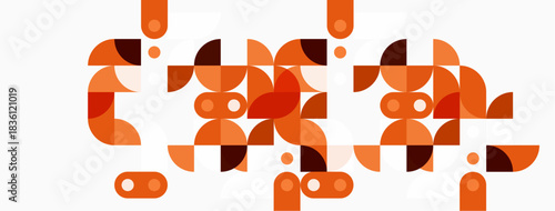 Abstract geometric shapes, orange tones dominate. Composition feels playful, modern, minimalist. Simple forms create dynamic visual texture.