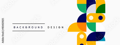 Abstract geometric shapes, vibrant colors, modern design. Background features squares, circles, rectangles, clean aesthetic.