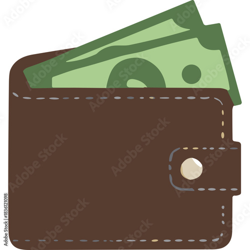 Brown Leather Wallet with Green Dollar Bills Inside on a White Background Showing Financial Wealth and Currency Transaction