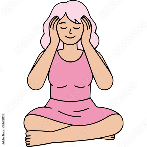 Calm Woman Meditating in Lotus Pose Wearing a Pink Dress with Eyes Closed and Hands on Temples Peaceful Expression