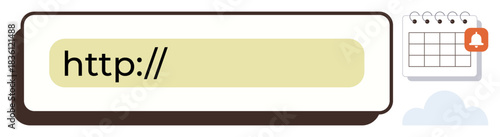 Web address search bar with link, notification bell, calendar icon, and cloud. Ideal for scheduling, reminders, planning, email notifications organization productivity. Simple flat metaphor