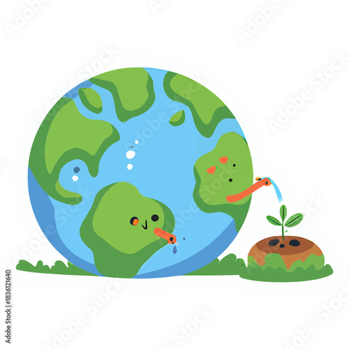 cute planet | watering tiny sprout | sustainability theme | kawaii sticker illustration | bold outline | pastel colors | eco-friendly design | playful planet character | environmental vibes