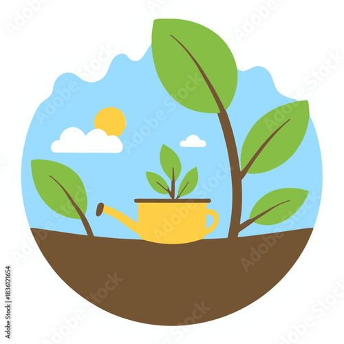 cute planet | watering tiny sprout | sustainability theme | kawaii sticker illustration | bold outline | pastel colors | eco-friendly design | playful planet character | environmental vibes