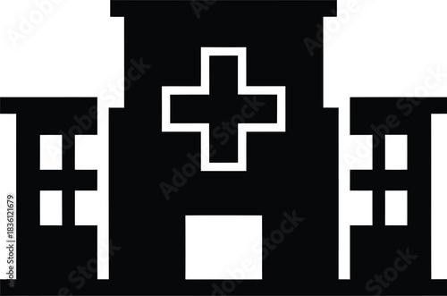 Simple black and white silhouette icon representing a hospital building with a prominent medical cross symbol on the facade