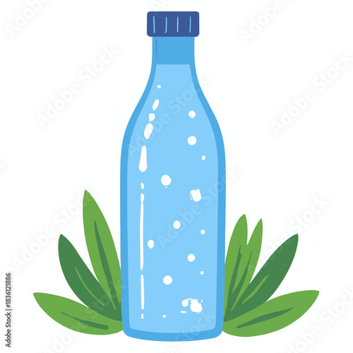 crystal water bottle | floating leaves | wellness theme | sticker illustration | pastel palette | bold outline | cute health and hydration design | soft gradient accents | eco-friendly vibes | playful