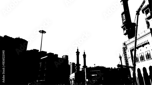 Grayscale Silhouette of Landmark Building in Mecca Cityscape Architecture Illustration