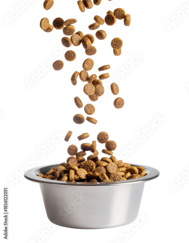 Kibble Pouring into Metal Pet Food Bowl Against a Transparent Background
