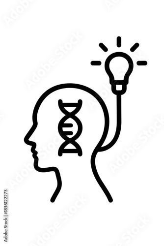 Human head with DNA strand and light bulb — concept of genetic engineering and bio-innovation