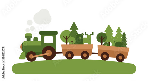 A green cartoon train carrying trees and a green animal figure in its wagons, emitting smoke.