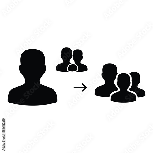 Silhouette of a single person leading a group of people with an arrow indicating direction of movement