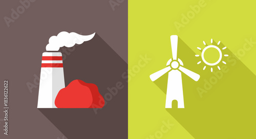 A visual comparison between polluting fossil fuel energy production and clean renewable energy sources like wind and solar.