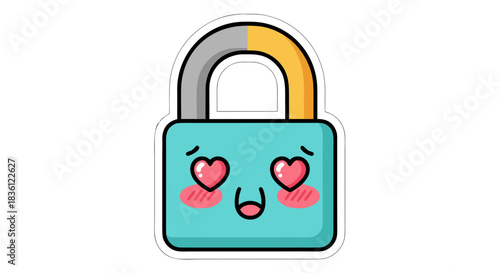A cute cartoon light blue padlock with heart eyes and a blush, expressing love.