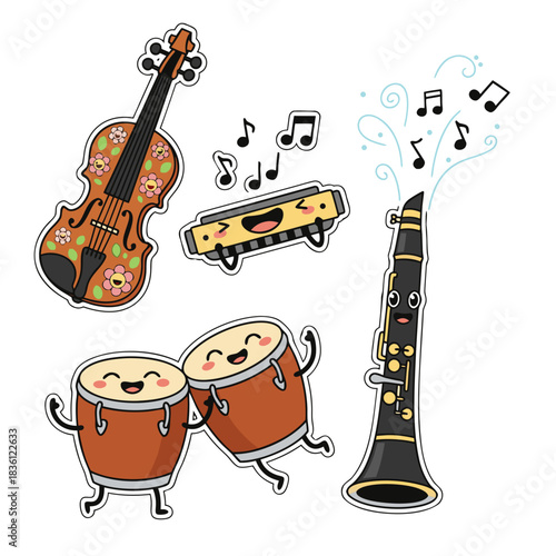 Cute cartoon musical instruments sticker set with violin, harmonica, bongo drums, and clarinet playing music.