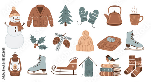 A collection of various winter-themed items and cozy objects, including a snowman, ice skates, warm clothing, and holiday decorations.