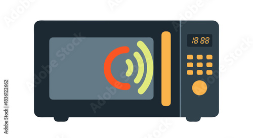 Illustration of a dark grey microwave oven with an orange handle and a red and yellow heating icon on the door, showing waves.