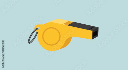 A bright yellow sports whistle with a black mouthpiece and a metal ring, depicted in a flat design style on a light blue background.