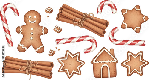 Vector Illustration Festive Christmas Gingerbread and Candy Cane Collection