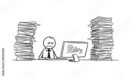 Cartoon illustration of tired office worker overloaded with paperwork