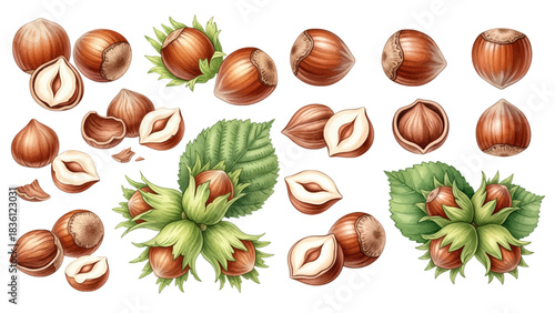 A collection of detailed hazelnut illustrations showing whole nuts, cracked shells, kernels, and leafy branches.