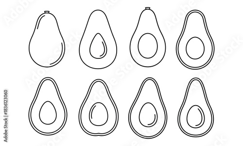 Collection of avocado halves and whole outlines in various styles