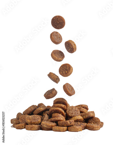 Falling Dog Treats on a Pile of Kibble on a Transparent Background