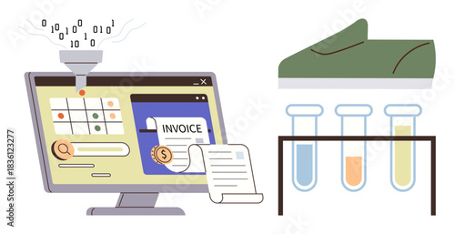 Computer screen with invoice display, binary data funnel, receipt printer, shoe model, color test tubes. Ideal for technology, automation, finance, e-commerce innovation research STEM simple flat