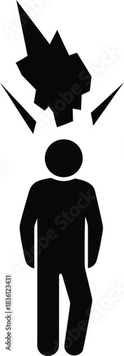 Black silhouette icon of a person standing under a falling sharp object or debris, symbolizing danger, accident, or sudden negative event