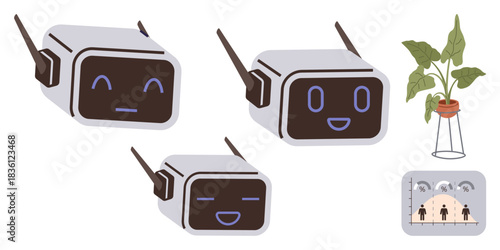 Three robot faces with various emotions, a potted plant, and a chart showcasing human-robot interaction. Ideal for AI technology, robotics, emotions, environment, data futurism innovation. Simple