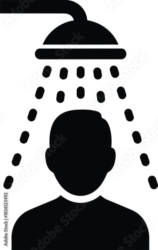 Simple black and white icon representing a person taking a shower