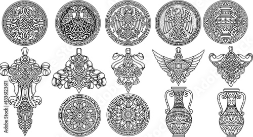 Vintage Celtic knot medallion and eagle vector set, ornamental pendant and Greek vase illustration collection, black and white engraving style design elements.