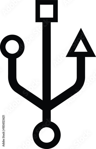 Black and white icon representing the universal serial bus symbol