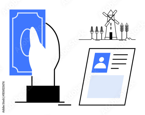 Financial transaction illustrated with a hand holding money. Identity verification d with a profile document. Sustainable agriculture by a windmill and crops. Useful for fintech, ID verification