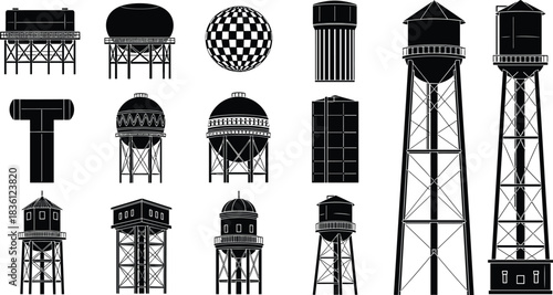Water tower collection silhouettes; elevated storage tanks; different shapes and styles; industrial infrastructure; architecture vector illustration; black and white design elements; urban utility