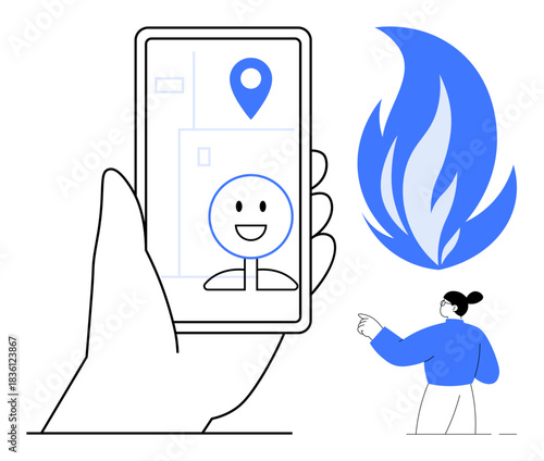 Navigation, geolocation, digital assistance, technology interaction, map tracking, user guidance. Hand holding phone with map pin and smiling avatar. Navigation and geolocation concept