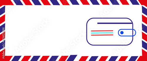Airmail Envelope frame images with strips. International vintage letter border. Retro air mail postcard with blue and red stripes. Empty classic postal frame. Vector illustration
