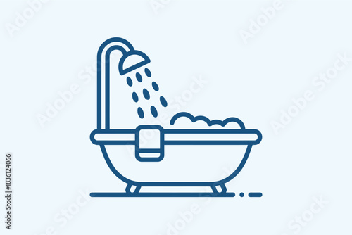 Bathtub line icon with bubbles and shower simple flat vector design element isolated on white background