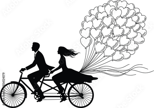 Wedding couple silhouette riding tandem bike with heart balloons, bride and groom romantic journey, love celebration vector illustration, valentine day card design.