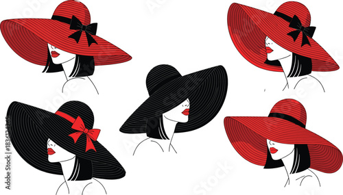 Woman wearing wide brim hat vector illustration set, elegant fashion lady profile with red and black summer accessories, stylish female beauty design.