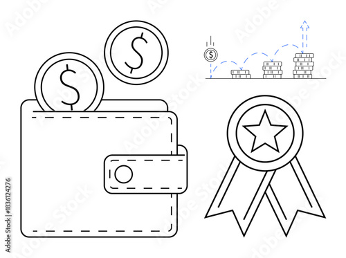 Personal finance, savings, budgeting, investment, financial planning, rewards. Wallet with coins, stacks of coins with growth icon award ribbon. Personal finance and savings concept