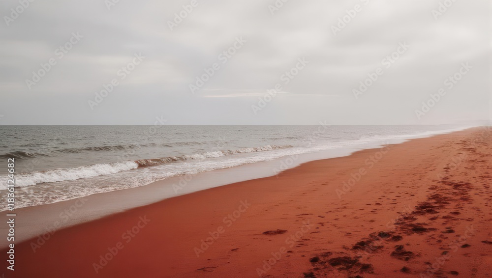 Obraz premium Expansive Sandy Beach with Gentle Waves Under a Cloudy Sky.