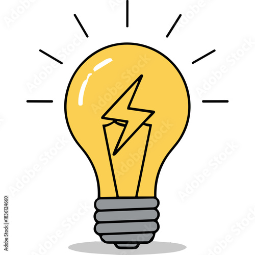 Bright yellow incandescent light bulb glowing with internal lightning symbol representing an idea or innovation on a plain black background with subtle shadow and radiating light lines